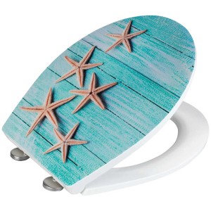 Wenko Abattant WC Mediaster avec motif étoile de mer sur bois turquoise, fonction Easy-Close.