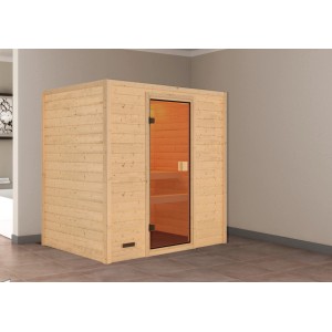 Karibu Sauna Selena Naturale: Sauna in legno massello con porta in vetro e due panche in legno di pioppo.