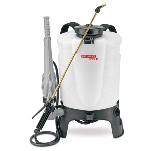 Pulvérisateur à dos Birchmeier RPD 15 ABR : Réservoir blanc avec lance et bretelles.