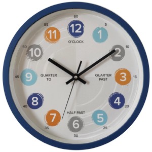 Orologio da parete Globo con cornice blu e bianca e numeri colorati, ideale per la cameretta dei bambini.