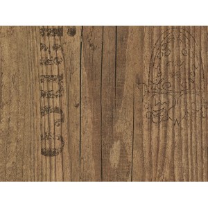 Sol stratifié Comfort Toscana Flair structure bois vieilli, planches en bois marron avec inscriptions.