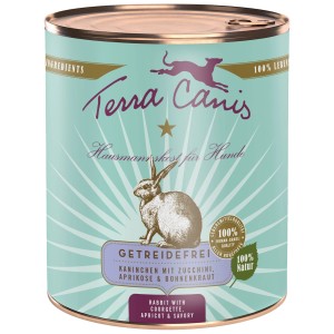 Terra Canis cibo umido per cani senza cereali con coniglio, lattina da 800g con coniglio, zucchine, albicocca e santoreggia.