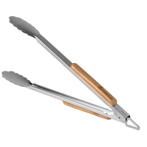 Pinza per grill Burnhard in acciaio inox con manico in legno di acacia, lunghezza 45 cm.