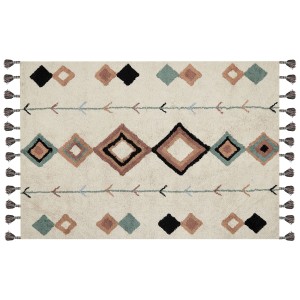 Tapis multicolore Eskisehir à poils courts avec motif géométrique losanges et pompons, 140x200 cm.