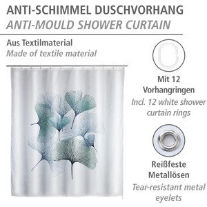 Wenko Tenda doccia antimuffa Ginkgo, bianca con design a foglie di Ginkgo, incl. 12 anelli.