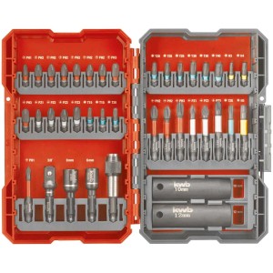 kwb Bitbox Impact L-Box, set d'outils de 39 pièces avec embouts, douilles et porte-embouts dans un coffret rouge.
