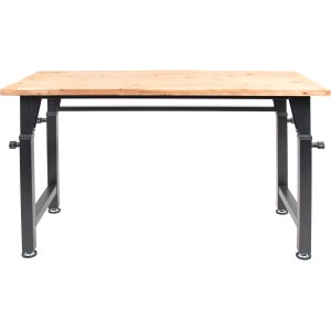 Banco da lavoro rikta regolabile in altezza (85-105cm) con piano in legno e telaio in acciaio nero.