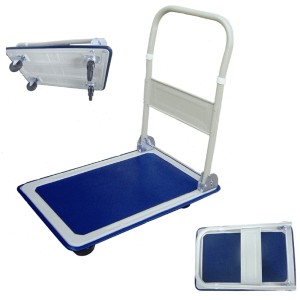 Carrello di trasporto PH-150: carrello a piattaforma con manico pieghevole e area di carico blu.