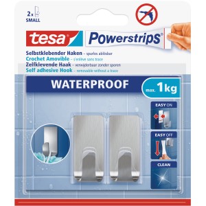 Tesa Powerstrips crochets Waterproof Zoom en acier inoxydable, lot de 2, idéal pour salle de bain et cuisine.
