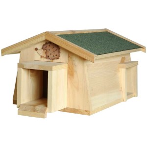 Casetta per ricci in pino con due ingressi e protezione per gatti.