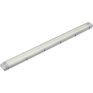 Plafoniera LED grigia in plastica resistente all'umidità, lunga 156,5 cm, con due tubi fluorescenti. Ideale per cantine e garage.