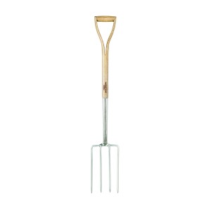 Fourche de jardin en acier inoxydable avec manche en bois, idéale pour le jardinage.