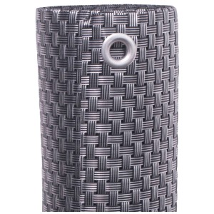 Gros plan : Brise-vue balcon en rotin synthétique argent et anthracite avec œillet.