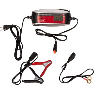 Chargeur automatique 4 ampères pour batteries auto et moto avec écran LCD et accessoires.