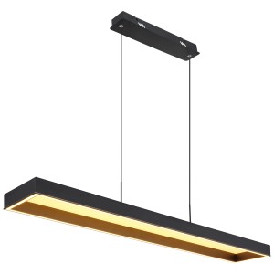 Moderne LED-Hängeleuchte in Schwarz mit Aluminium, dimmbar und höhenverstellbar.