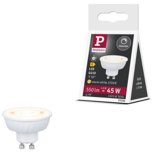 Paulmann LED-Reflektor Flat GU10, dimmbar, warmweiss. 550 lm, 4,9 W. Leuchtmittel und Verpackung.