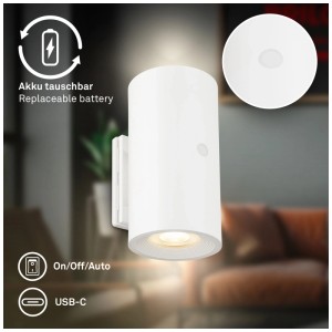 Applique murale à batterie blanche Briloner Misy, dimmable, avec port USB-C et support adhésif.