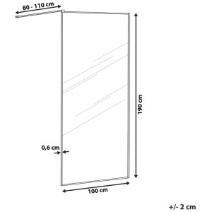 Dessin technique de la paroi de douche Beliani Waspam. Dimensions: 190x100 cm, verre 0,6 cm, stabilisateur 80-110 cm.