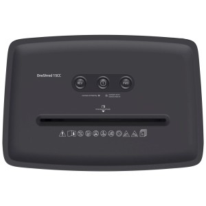 HP OneShred 15CC Aktenvernichter, dunkelgrau, Aufsicht. Bedienfeld, Papiereinzug. P-4 Sicherheitsstufe für Dokumente.