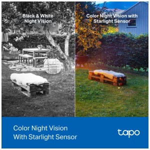 Tapo C425 Netzwerkkamera: Vergleich Schwarz-Weiß- und Farbnachtsicht mit Starlight-Sensor im Garten.