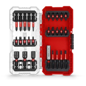 Einhell S-Case 28 pièces LS : Jeu d'embouts avec embouts, douilles et porte-embouts dans une boîte rouge/transparente.