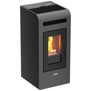 Poêle à granulés Ecofox 16 gris, 16,3 kW. Poêle gris avec vitre et flamme.