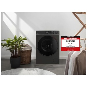 Lavatrice a carica frontale Sharp ES-WNFL914CMDA-CH nera con capacità di 9 kg.