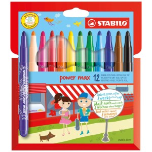 Set de feutres Stabilo Power Max, 12 couleurs vives avec pointe extra épaisse.