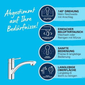 Miscelatore cucina Grohe QuickFix Swift, cromo, con bocca girevole e sistema QuickFix.