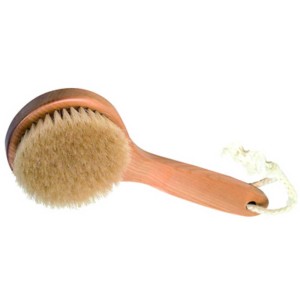 Spazzola da bagno rotonda in legno con setole di cinghiale e passante, lunghezza 25 cm.