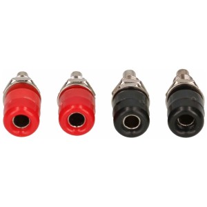 Set aus vier Bananenbuchsen (rot und schwarz) für Audio- und Video-Kabel.