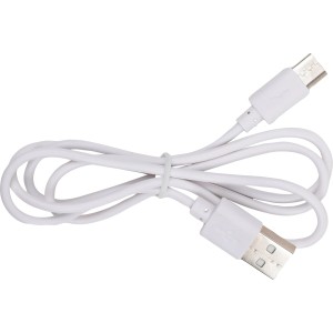 Cavo USB bianco (da USB-A a USB-C) per mini ventilatore da tavolo con clip.