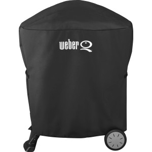 Housse noire Weber pour barbecue Q 1000/2000 sur pied, protège du vent et des intempéries.