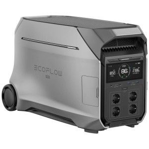 Ecoflow Delta Pro power station avec batterie lithium-ion 4096 Wh, grise, avec écran et roulettes.