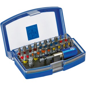 Jeu de 32 embouts LUX avec différents embouts et un porte-embout magnétique à changement rapide dans un coffret en plastique bleu.