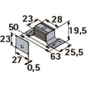 Hettich loqueteau magnétique, alu argent galvanisé, 63x25,5x19,5 mm. Dessin technique avec dimensions pour mobilier.