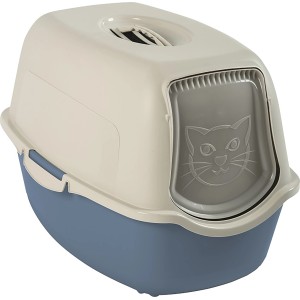 Maison de toilette pour chat Rotho Eco Bailey, bleu/sable, avec trappe et filtre à charbon actif.