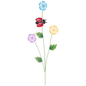 Mehrfarbiger Gartenstecker mit Blumen und Marienkäfer als Gartendeko.