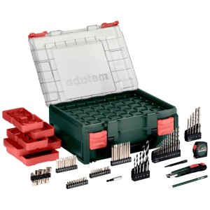 Metabo Zubehör-Set im grünen Koffer mit Bohrern, Schrauberbits, Maßband und Messer für Bohrmaschinen.