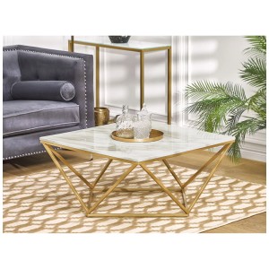Tavolino da caffè beige Malibu effetto marmo con struttura in metallo dorato.