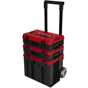 Ensemble de coffrets à outils Einhell E-Case Tower avec roulettes et poignée télescopique pour outils et accessoires.