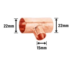 Raccordo a T di riduzione in rame, 22 mm x 15 mm x 22 mm, per impianti con tubi in rame.