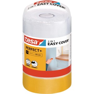 Tesa Easy Cover Perfect+ M film de masquage avec ruban adhésif, rouleau avec film et ruban jaune.