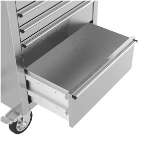 Chariot d'atelier Güde GW 5 Inox avec tiroir ouvert et roulettes.