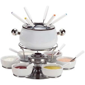 Set fonduta carne Nouvel Sarina, 21 pezzi con pentola, fornelletto, ciotole per salse e forchette.