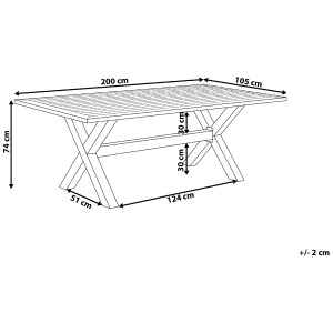 Skizze des grauen Beliani Gartentischs Cascais aus Aluminium, 200x105 cm, mit Maßangaben.