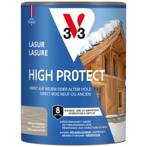 Barattolo di impregnante per legno V33 High Protect, grigio argento, finitura satinata. Impregnante per uso esterno.