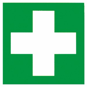Panneau vert de premiers secours avec croix blanche, résistant aux intempéries.
