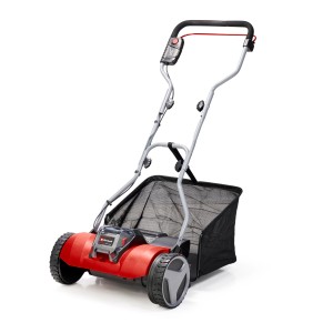 Tondeuse hélicoïdale sans fil Einhell Power X-Change GE-HM 18/38 Li-Solo avec bac de ramassage. Tondeuse manuelle rouge/argent pour une coupe précise.