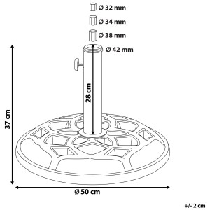 Skizze Sonnenschirmständer Ceto, schwarz, Ø 50cm, mit Maßangaben für Höhe und Durchmesser.